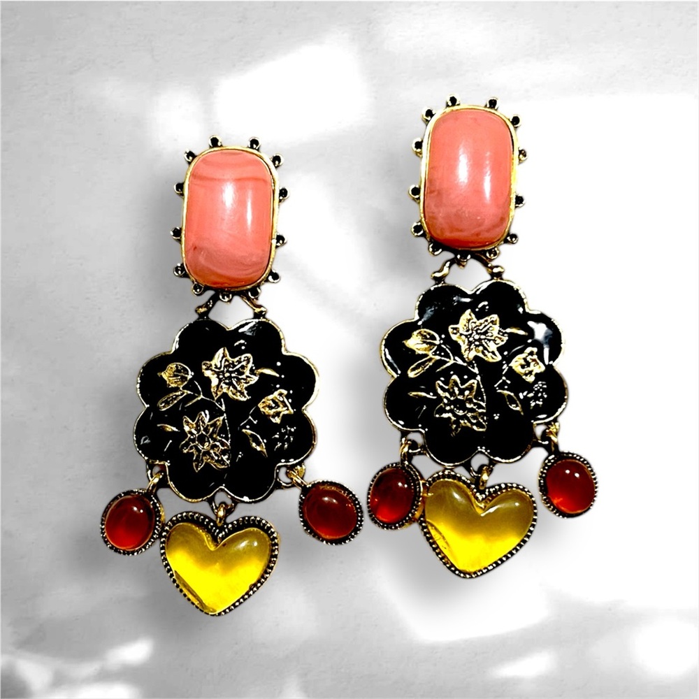 Women's Pink, Black & Yellow Heart Drop Earrings